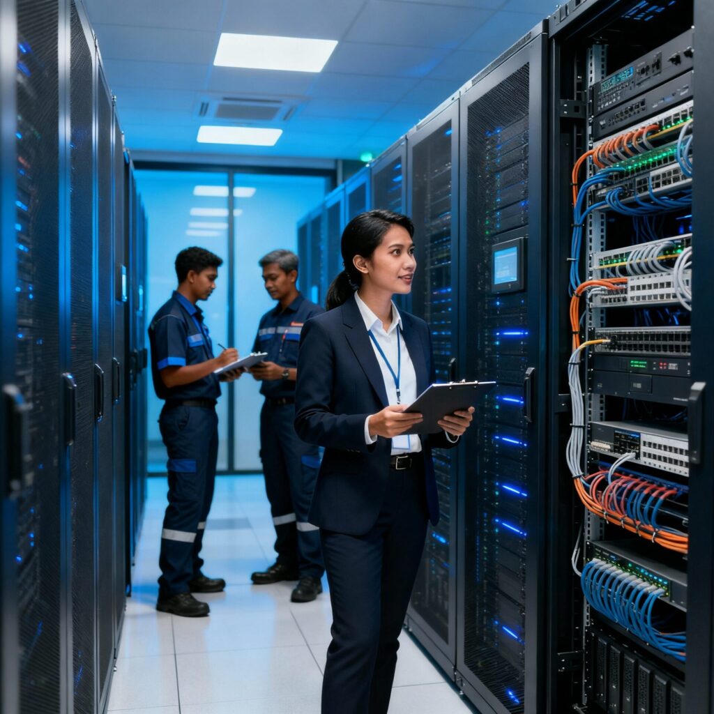 Engineer inspecting enterprise IT hardware servers in Malaysia during professional maintenance and third-party hardware support